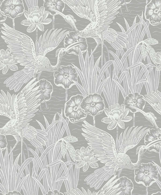 Seabrook Designs White Heron Marsh Cranes Animal Print Contemporary Grey Metallic Sidewall - EW11008