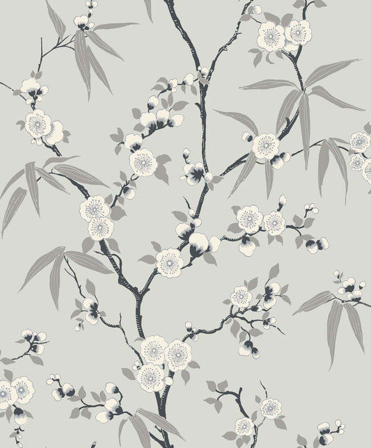 Seabrook Designs White Heron Floral Blossom Trail Floral Contemporary Grey Matte Sidewall - EW11100