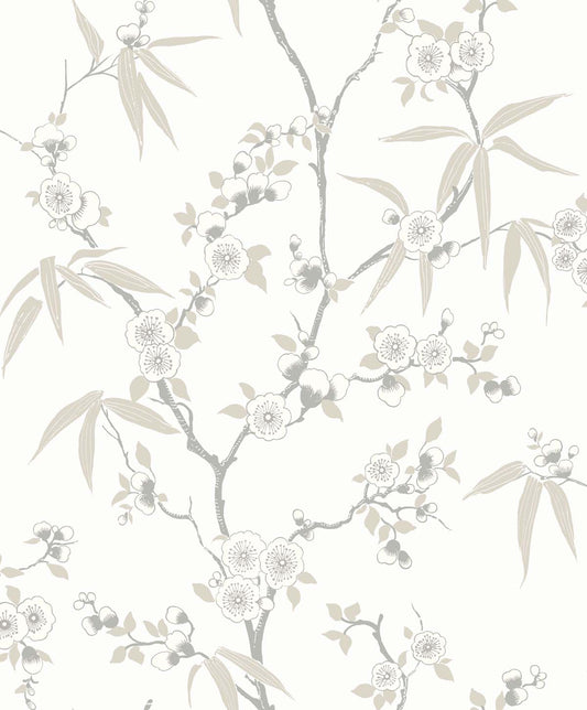 Seabrook Designs White Heron Floral Blossom Trail Floral Contemporary Beige Matte Sidewall - EW11107