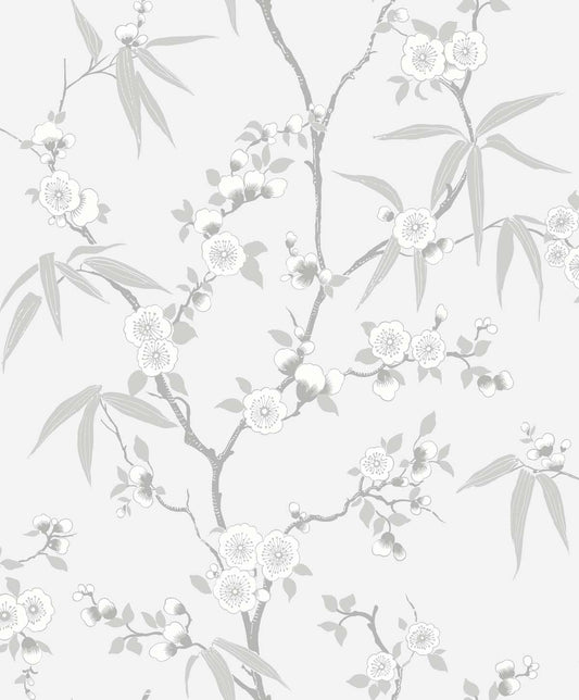 Seabrook Designs White Heron Floral Blossom Trail Floral Contemporary Grey Matte Sidewall - EW11108