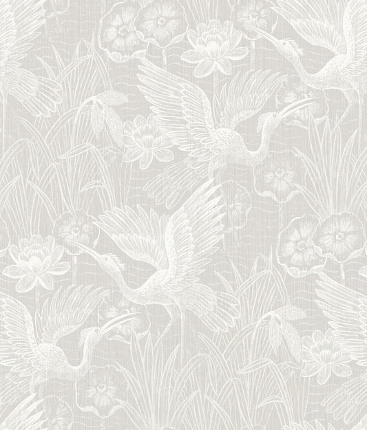 Seabrook Designs White Heron White Heron Floral Animal Print Contemporary Grey Matte Sidewall - EW11500