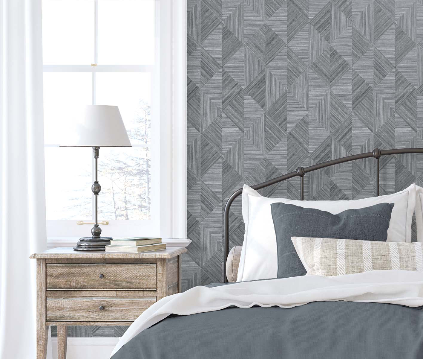 Seabrook Designs White Heron Diamond Inlay Geometric Contemporary Grey Matte  - EW11700