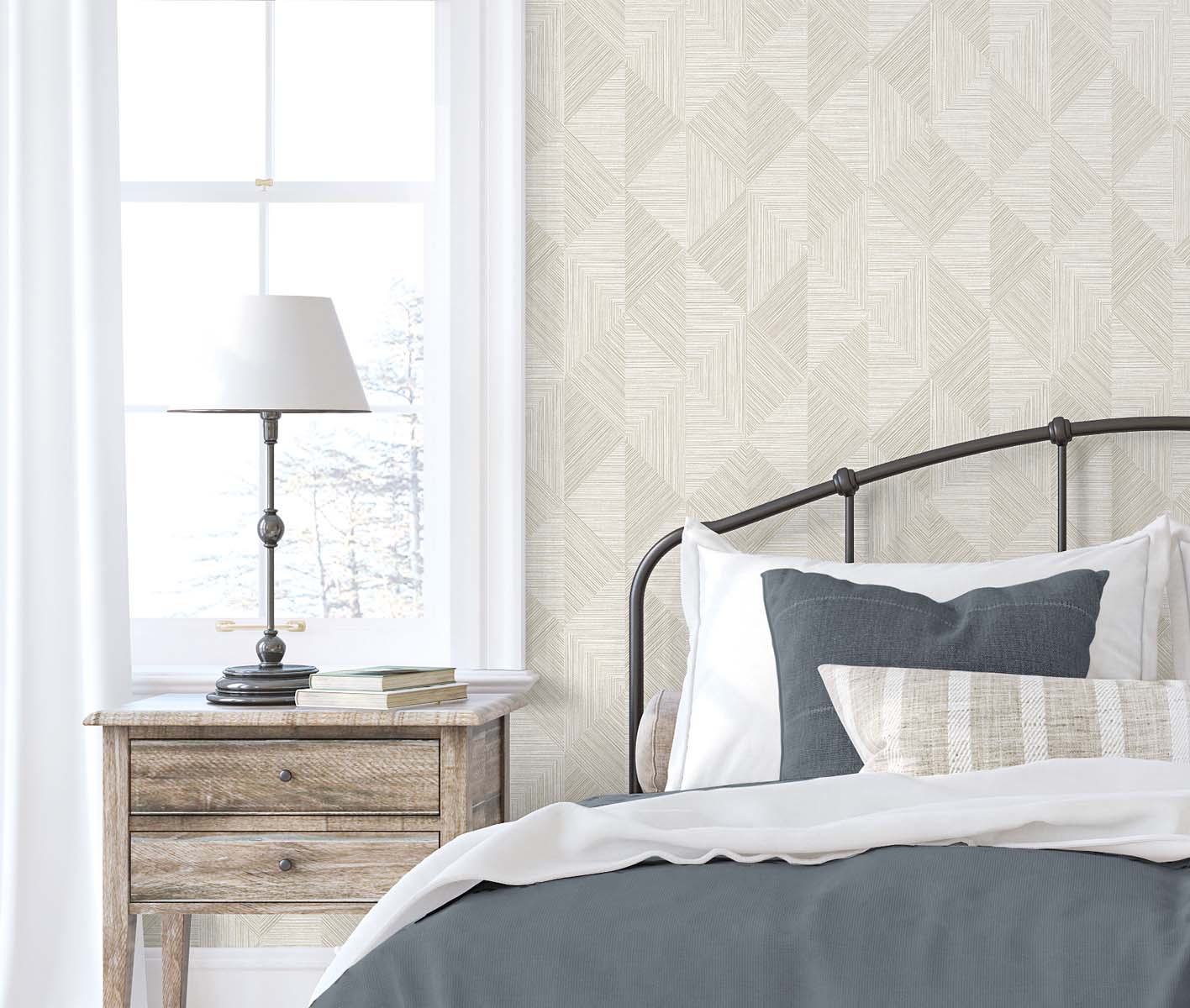 Seabrook Designs White Heron Diamond Inlay Geometric Contemporary Beige Matte  - EW11707