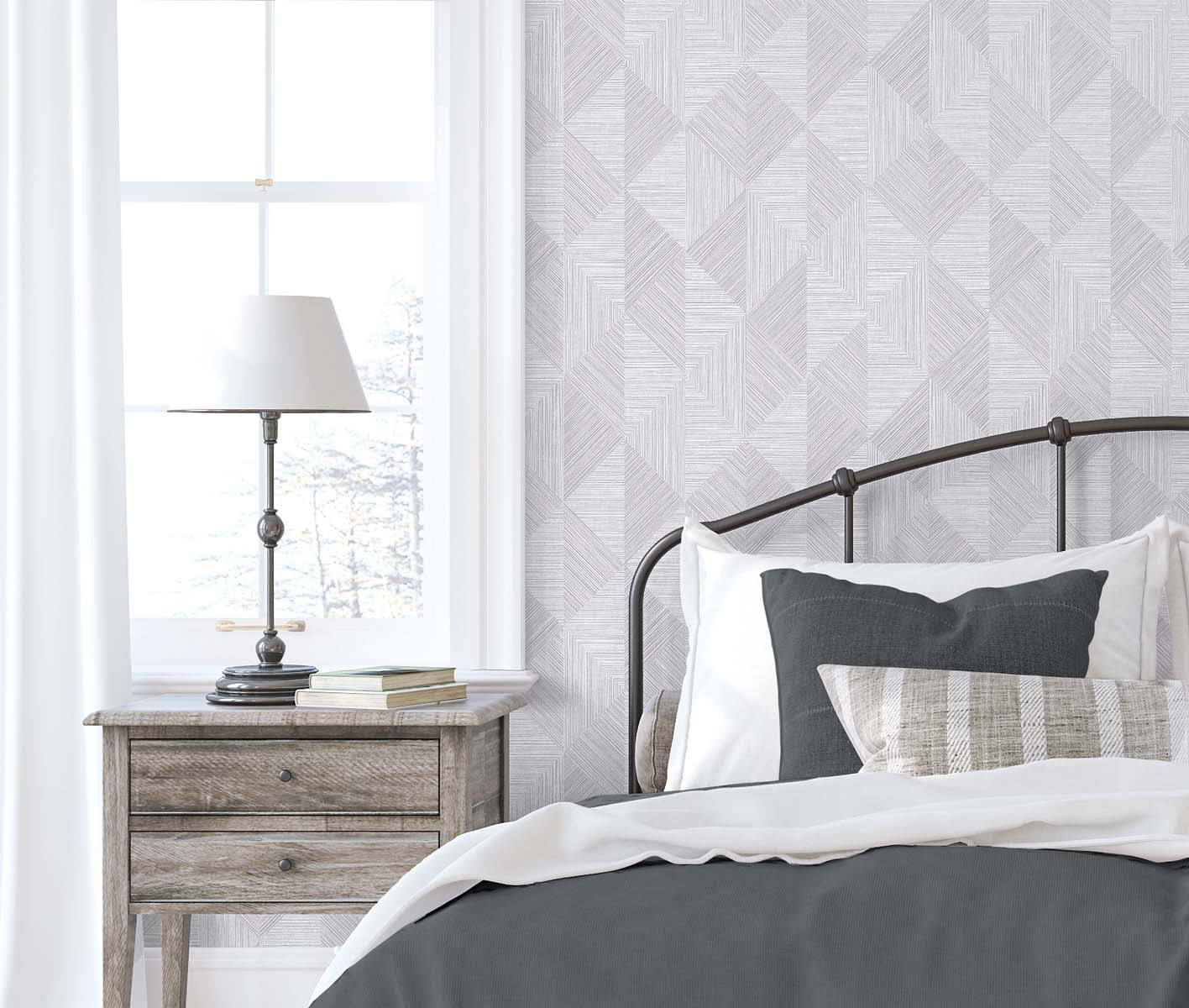 Seabrook Designs White Heron Diamond Inlay Geometric Contemporary Grey Matte  - EW11708