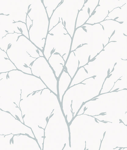 Blue satin fabric featuring a white heron and branching botanical pattern on a pale background.