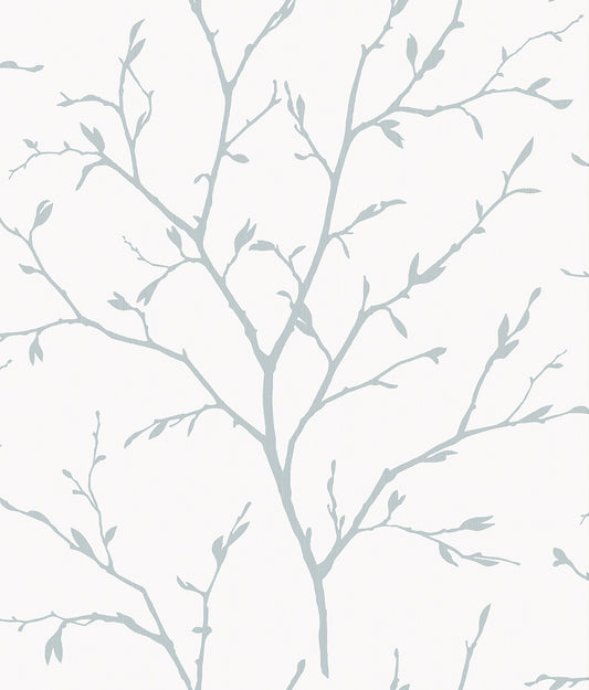 Seabrook Designs White Heron Branching Out Botanical Contemporary Blue Satin Sidewall - EW11802