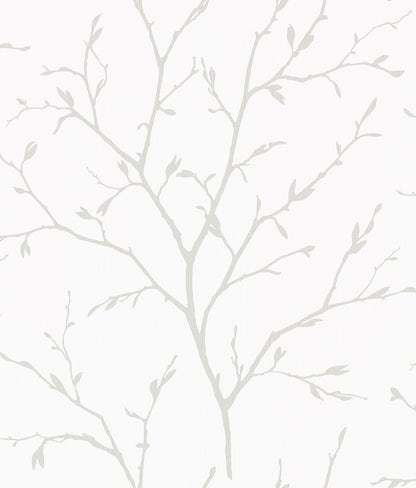 Off-white satin wallpaper with delicate twig branches and leaves; botanical, contemporary wall decor.