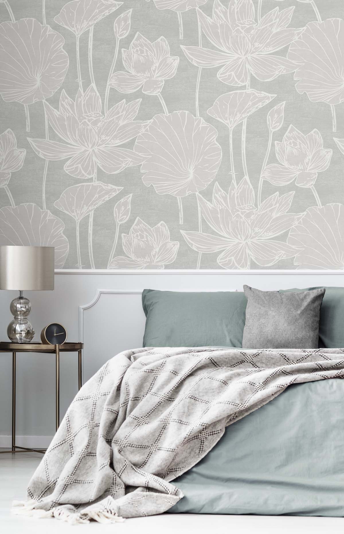 Seabrook Designs White Heron Water Lilies Floral Contemporary Grey Satin  - EW12000