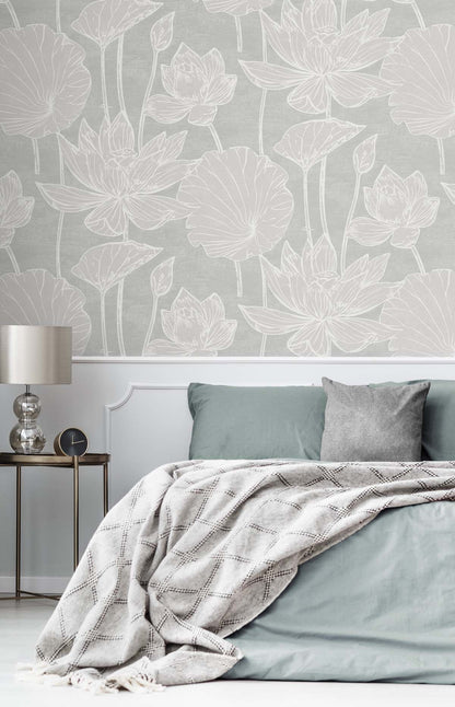 Seabrook Designs White Heron Water Lilies Floral Contemporary Grey Satin  - EW12000