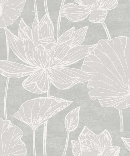 Seabrook Designs White Heron Water Lilies Floral Contemporary Grey Satin  - EW12000