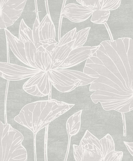 Seabrook Designs White Heron Water Lilies Floral Contemporary Grey Satin Sidewall - EW12000