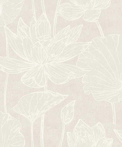 Seabrook Designs White Heron Water Lilies Floral Contemporary Beige Satin  - EW12005