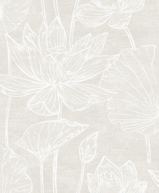 Seabrook Designs White Heron Water Lilies Floral Contemporary Beige Satin Sidewall - EW12007