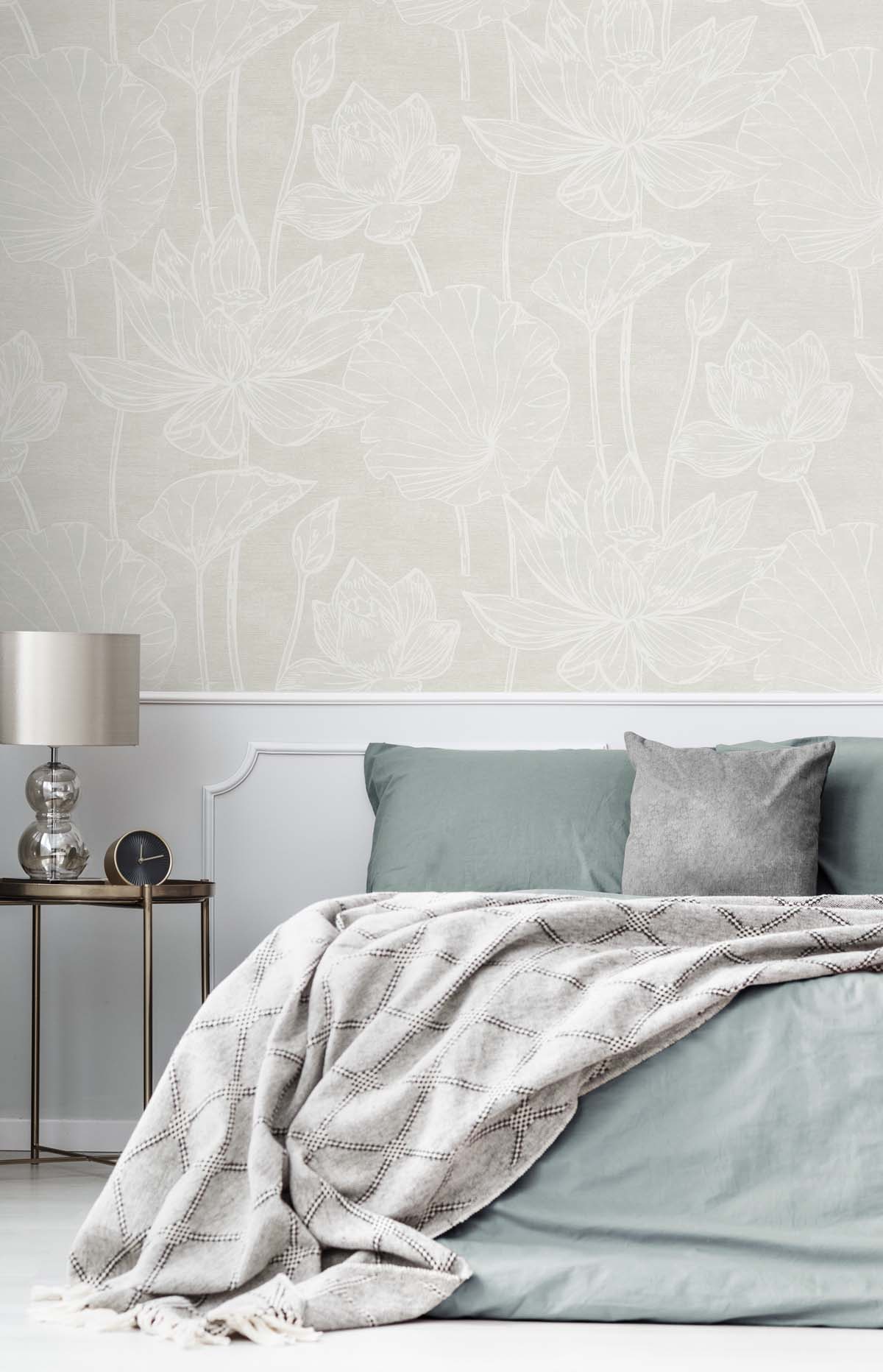 Seabrook Designs White Heron Water Lilies Floral Contemporary Beige Satin  - EW12015