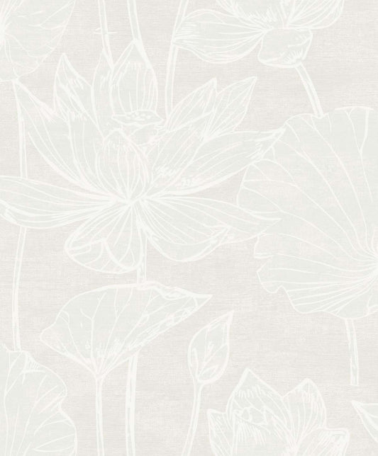 Seabrook Designs White Heron Water Lilies Floral Contemporary Beige Satin Sidewall - EW12015