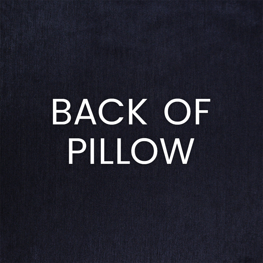 Navy fabric with bold white 'BACK OF PILLOW' lettering, minimalist pillow-back label style.