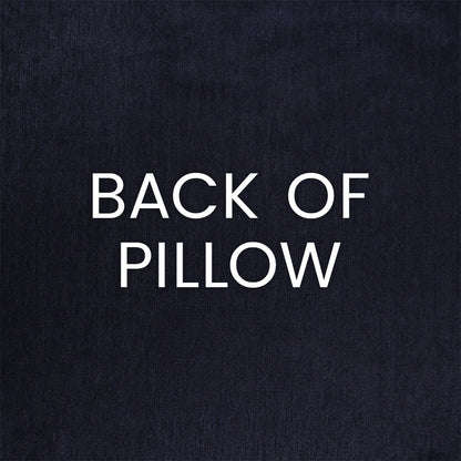 Navy fabric with bold white 'BACK OF PILLOW' lettering, minimalist pillow-back label style.