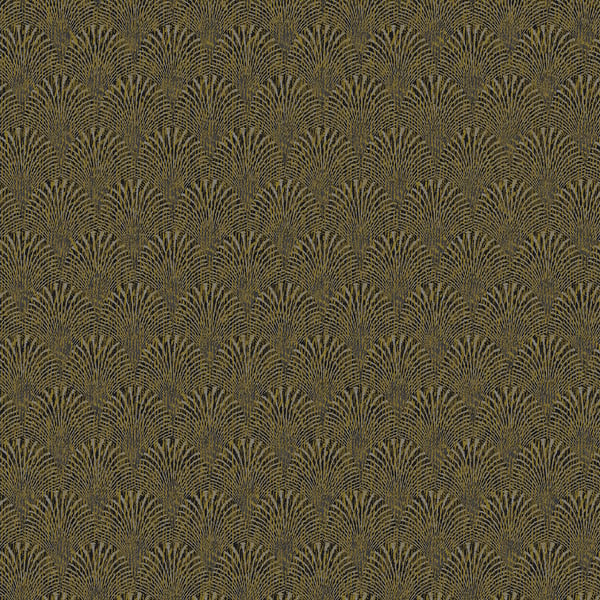 Gold metallic Art Deco fan pattern on dark brown background wallpaper; repeating decorative wallpaper design.