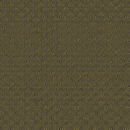 Gold metallic Art Deco fan pattern on dark brown background wallpaper; repeating decorative wallpaper design.