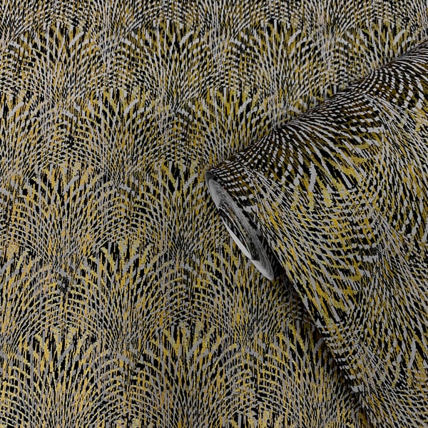 Wallpaper roll featuring a yellow, black and gray feathery leaf pattern; wallcovering partially unrolled.