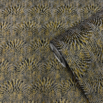 Wallpaper roll featuring a yellow, black and gray feathery leaf pattern; wallcovering partially unrolled.
