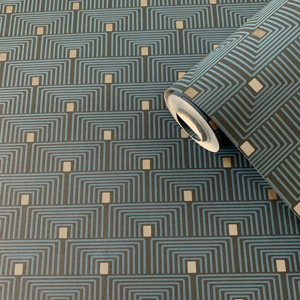 Geo Key Boutique wallpaper F‑PL3005 by Galerie: metallic Greek key pattern, embossed non‑woven paste‑the‑wall wallpaper, ideal for modern or art‑deco feature walls.