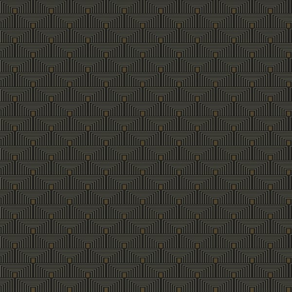 Dark charcoal geometric wallpaper with tan-gold stepped rectangles; Art Deco-inspired design.