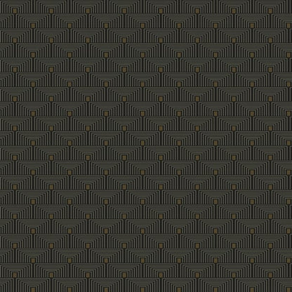 Dark charcoal geometric wallpaper with tan-gold stepped rectangles; Art Deco-inspired design.