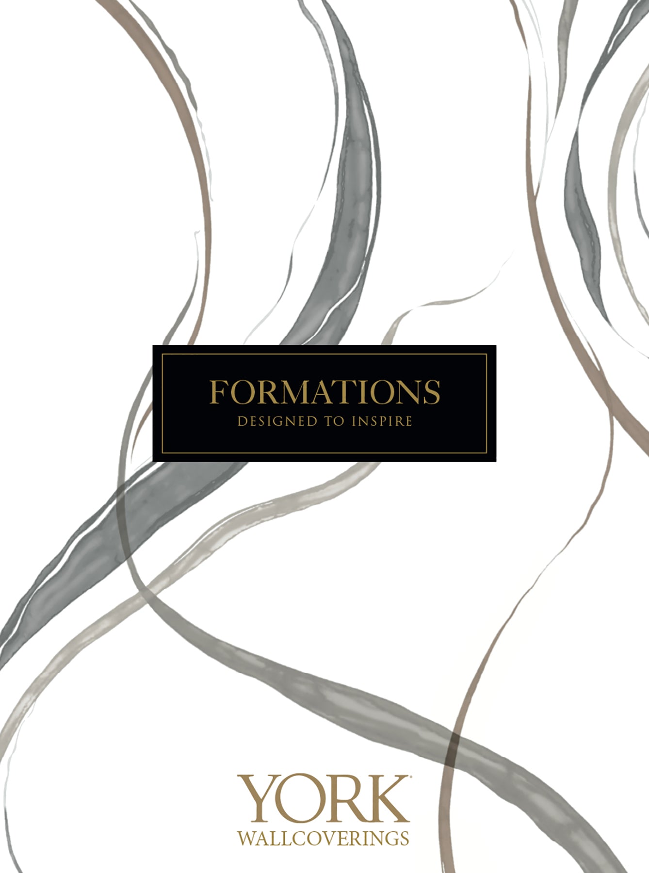 Abstract white wallpaper with gray swirls and geometric motifs; black label FORMATIONS in gold at bottom, YORK WALLCOVERINGS.