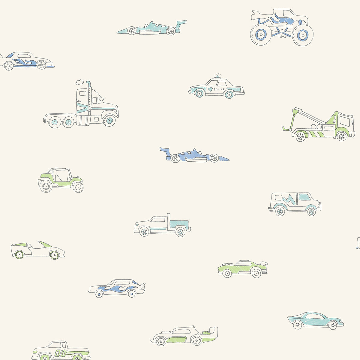 Seabrook Designs  Traffic Jam Illustration Kids/Nursery Blue , Green   - FA40302