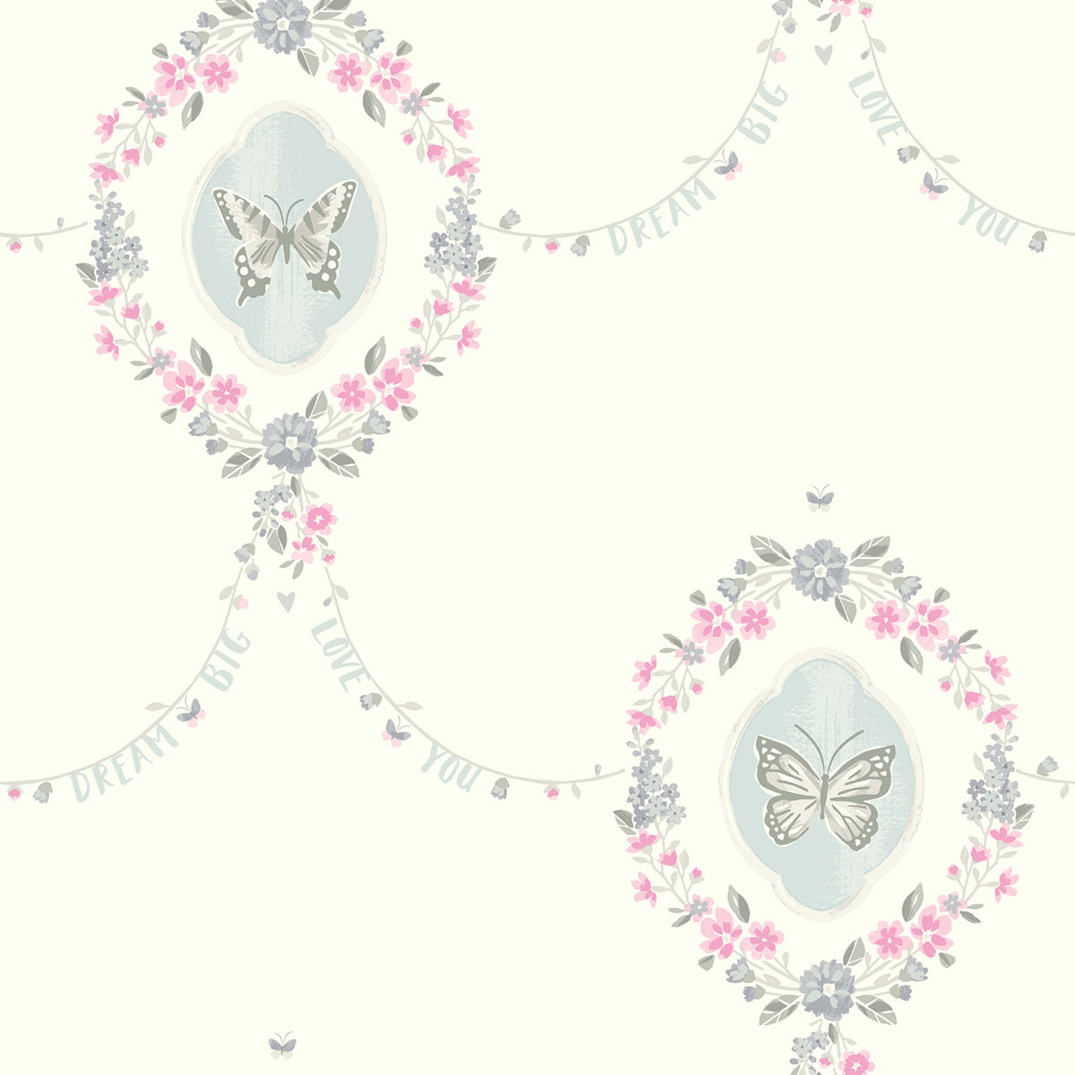 Seabrook Designs  Flutter Butterfly Damask Kids/Nursery Pink , Metallic Silver   - FA41408