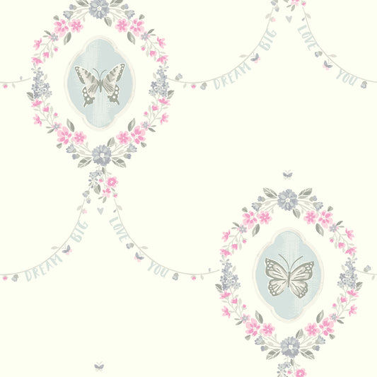 Seabrook Designs  Flutter Butterfly Damask Kids/Nursery Pink , Metallic Silver   - FA41408