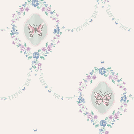 Seabrook Designs  Flutter Butterfly Damask Kids/Nursery Pink, Teal, , Metallic Silver   - FA41409