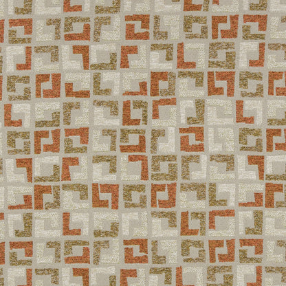 Beige woven fabric with rust-orange and tan geometric maze motifs in a repeating pattern.