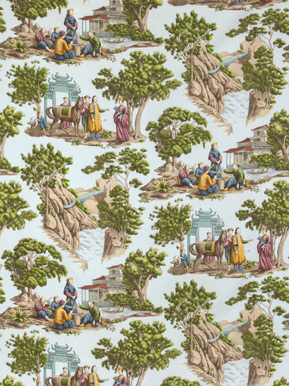 Repeating mandarin toile fabric pattern featuring Chinese garden scenes with trees, rocks, pagodas and people in colorful robes.