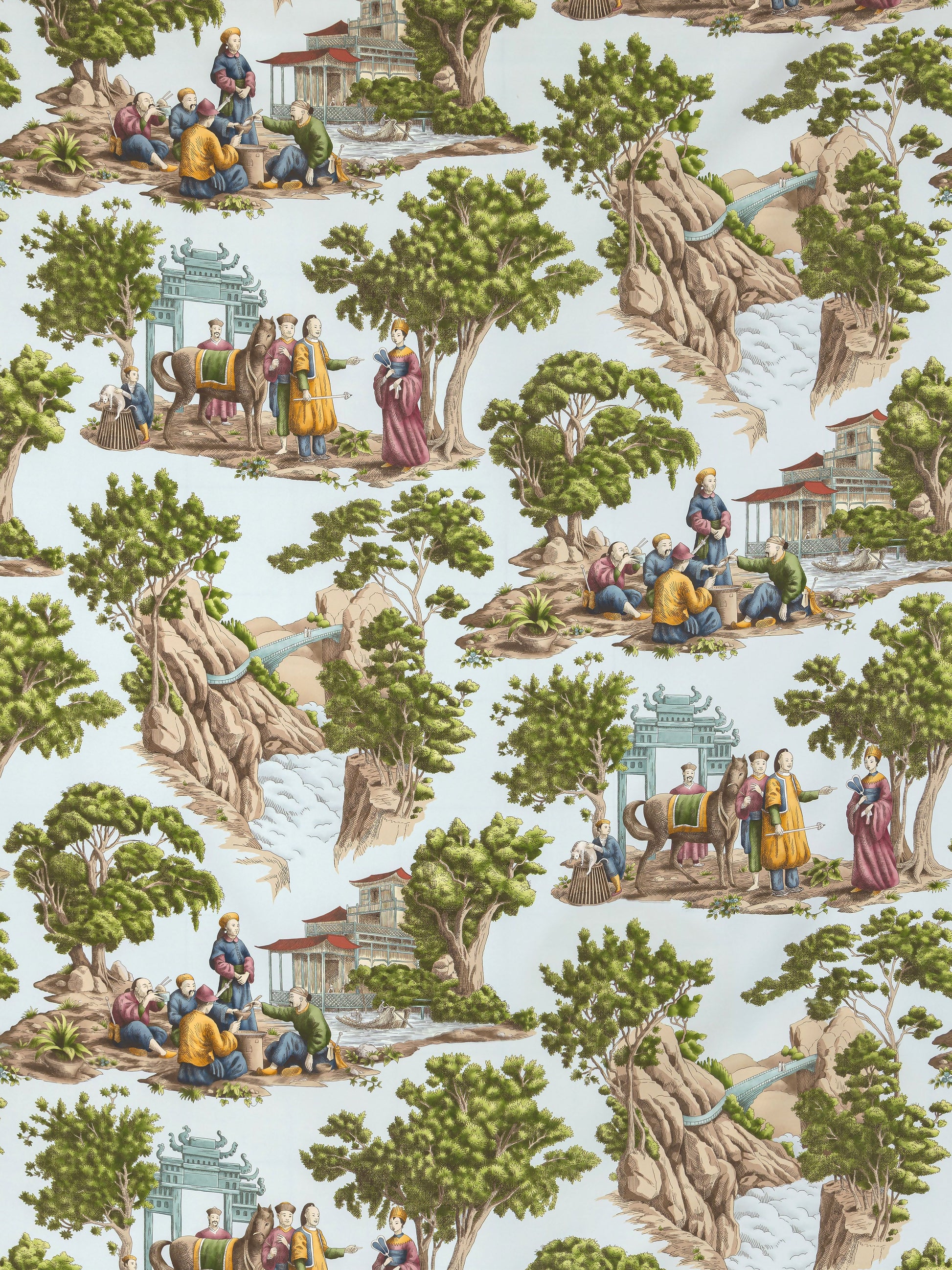Colorful chinoiserie mandarin toile pattern on fabric: figures in robes among green pines, rocks, pagodas and water.
