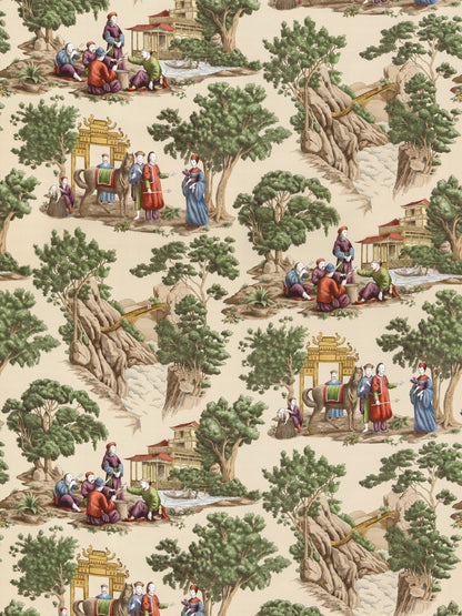 Mandarin toile fabric pattern depicting Chinese landscape scenes with trees, rocks, pavilions, and robed figures.