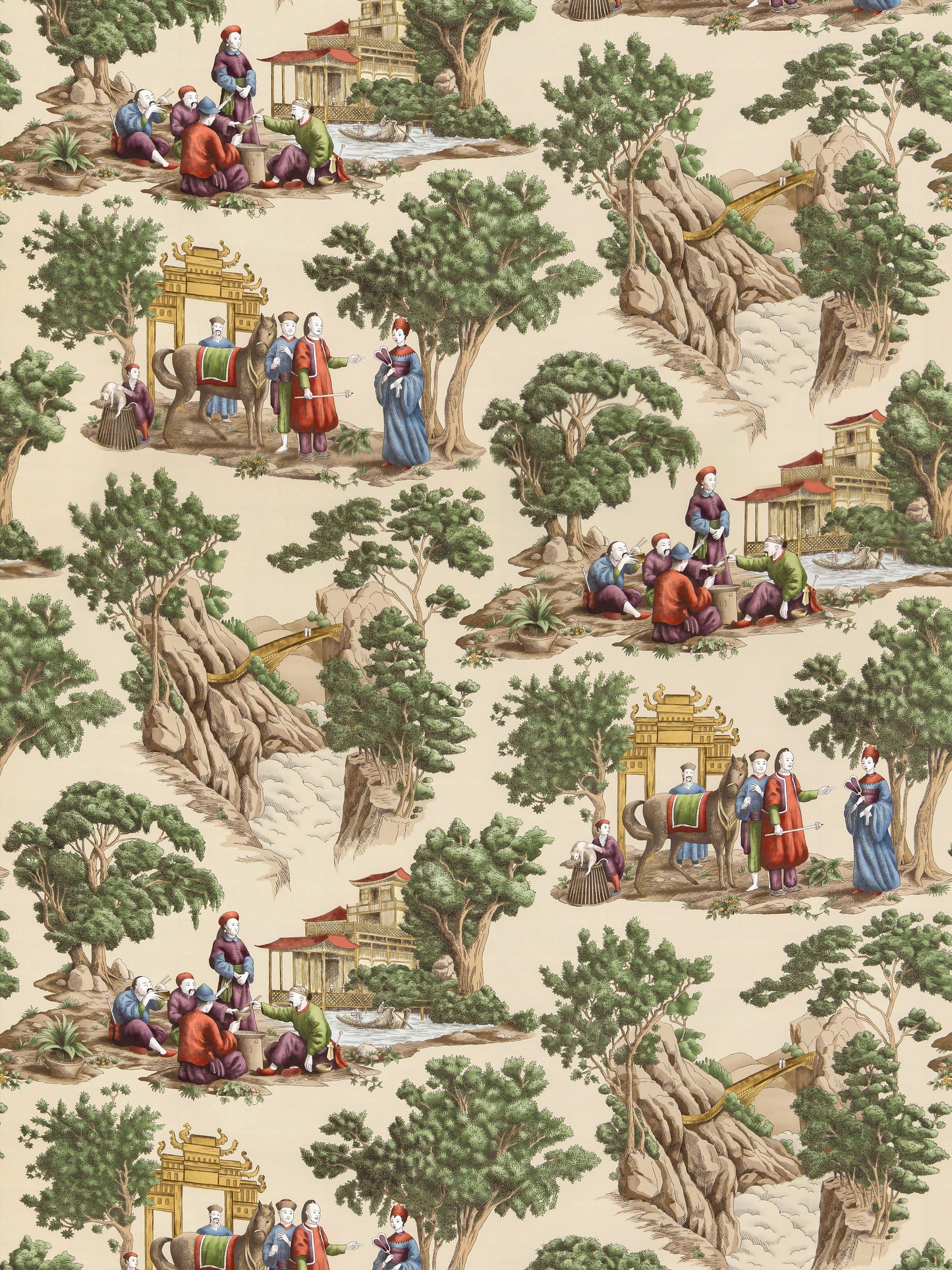 Chinoiserie Mandarin toile fabric with pagodas, groups of people in robes, trees and bridges on a warm beige background.