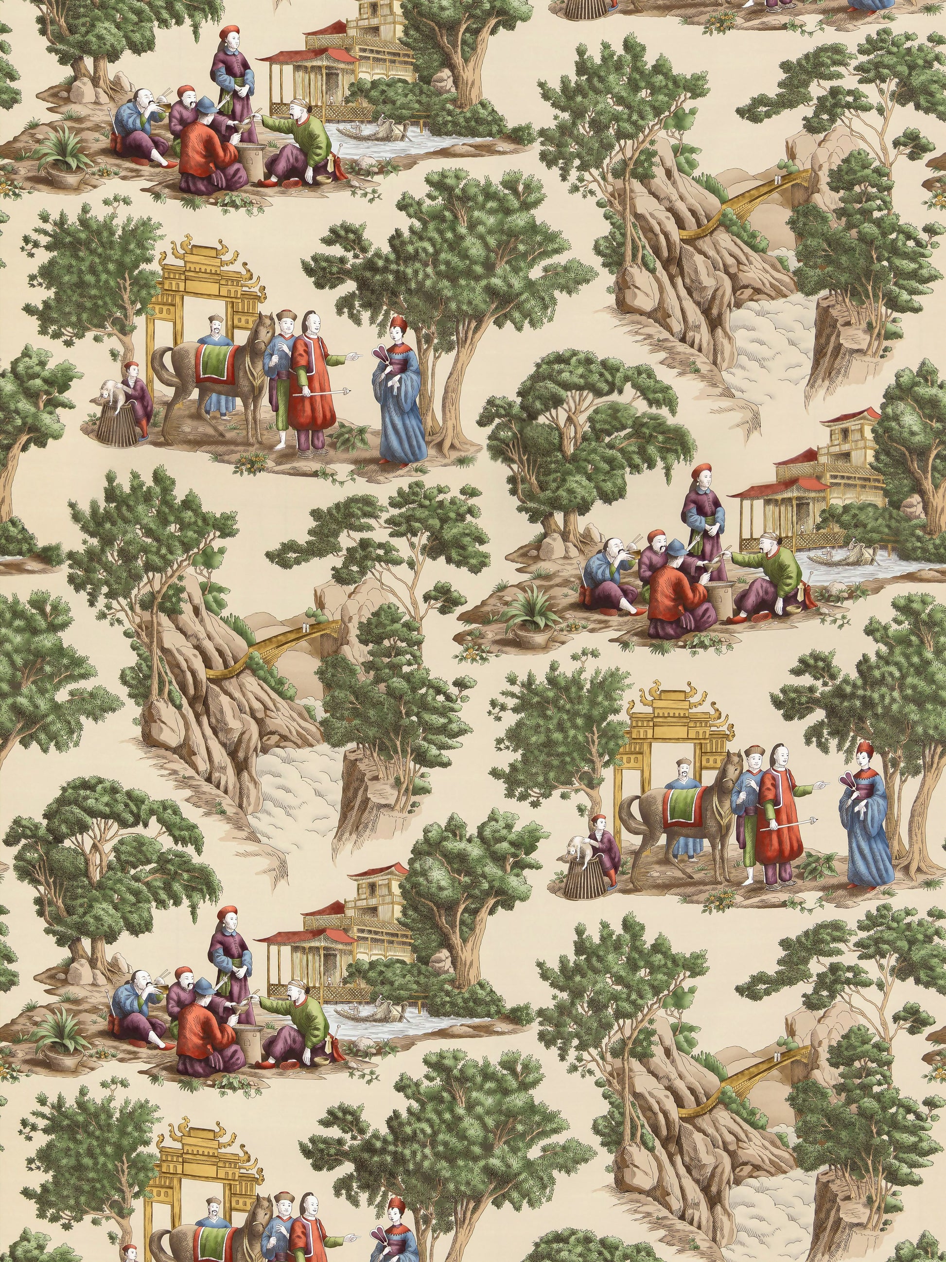 Chinoiserie Mandarin toile fabric with pagodas, groups of people in robes, trees and bridges on a warm beige background.