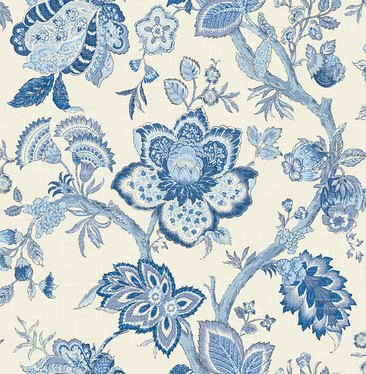 Seabrook Designs French Country Bernadette Jacobean Floral Country Blue Matte Sidewall - FC60402