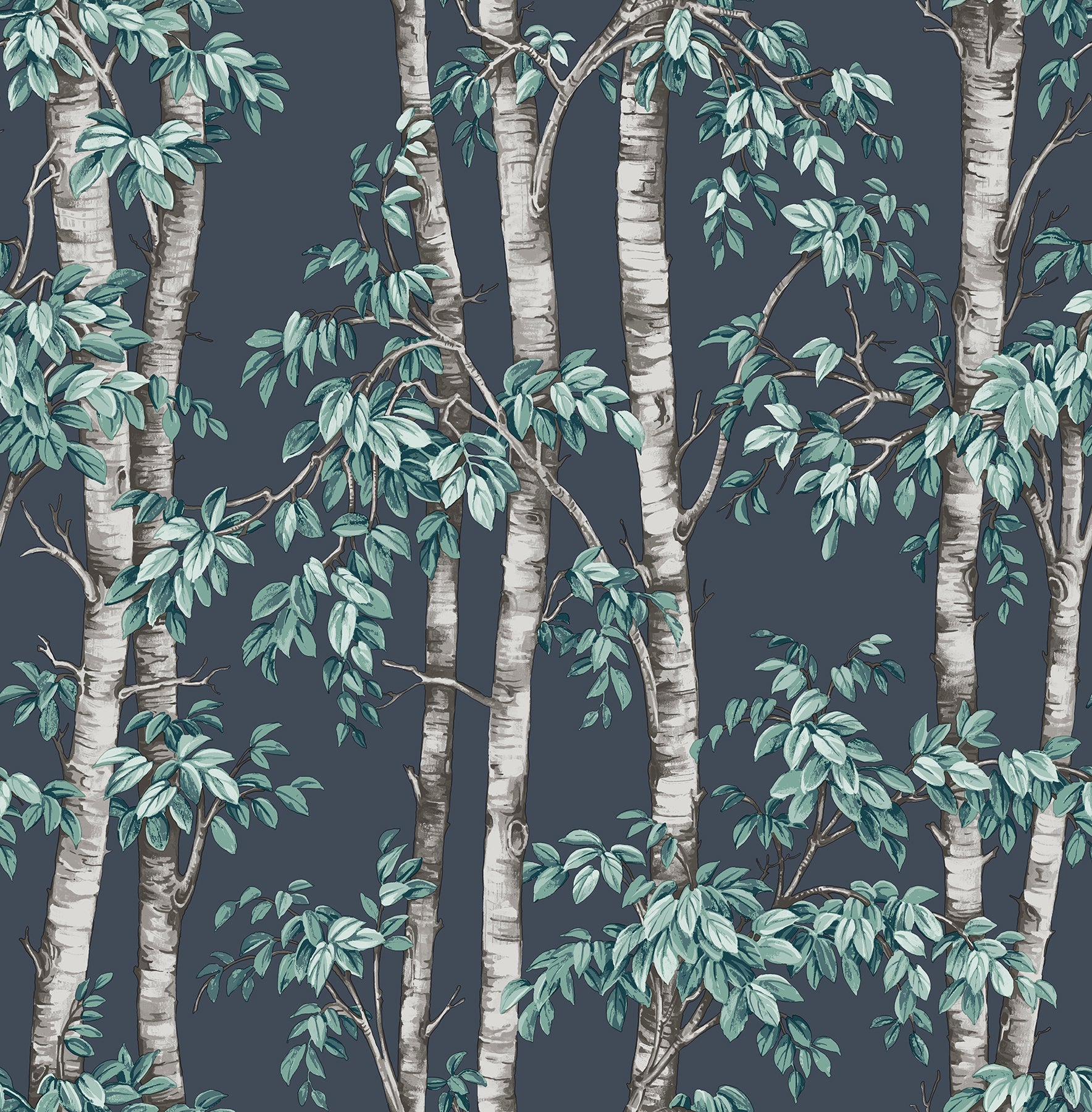 Birch tree pattern wallpaper with pale trunks and teal-green leaves on a dark blue background.