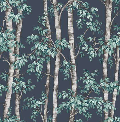 Birch tree pattern wallpaper with pale trunks and teal-green leaves on a dark blue background.