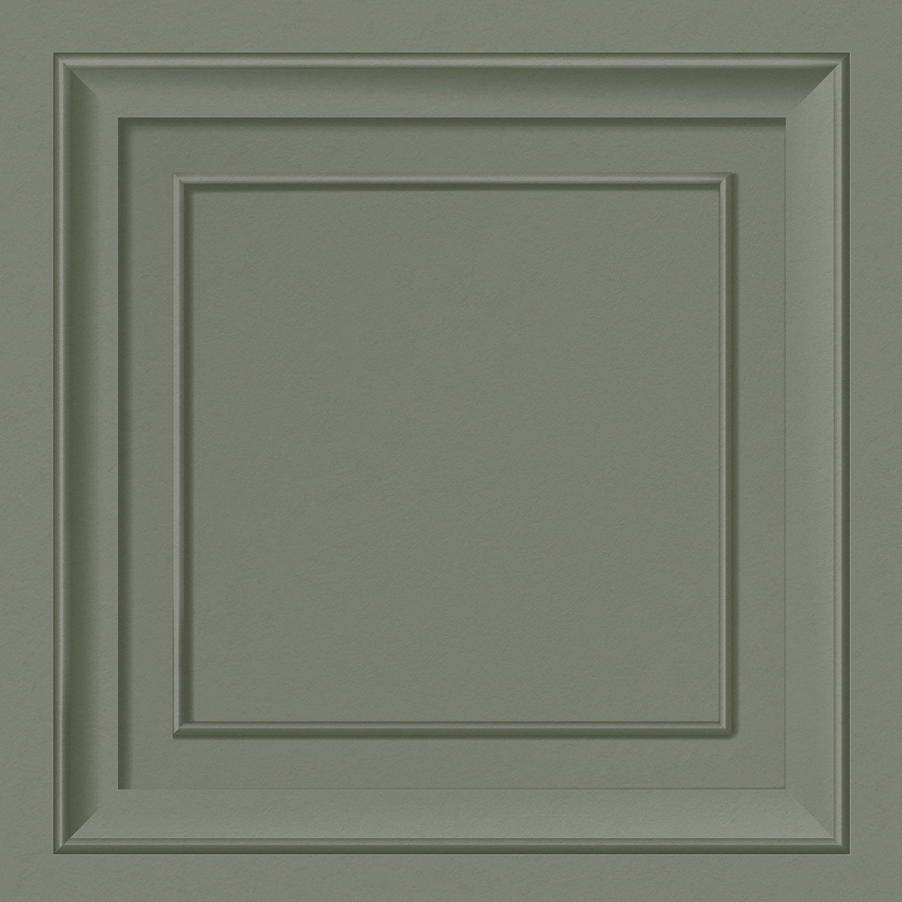 Muted sage-green square panel wallpaper featuring framed, layered borders around the square motifs.