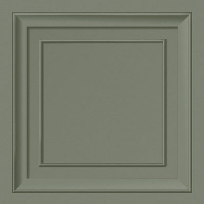 Muted sage-green square panel wallpaper featuring framed, layered borders around the square motifs.
