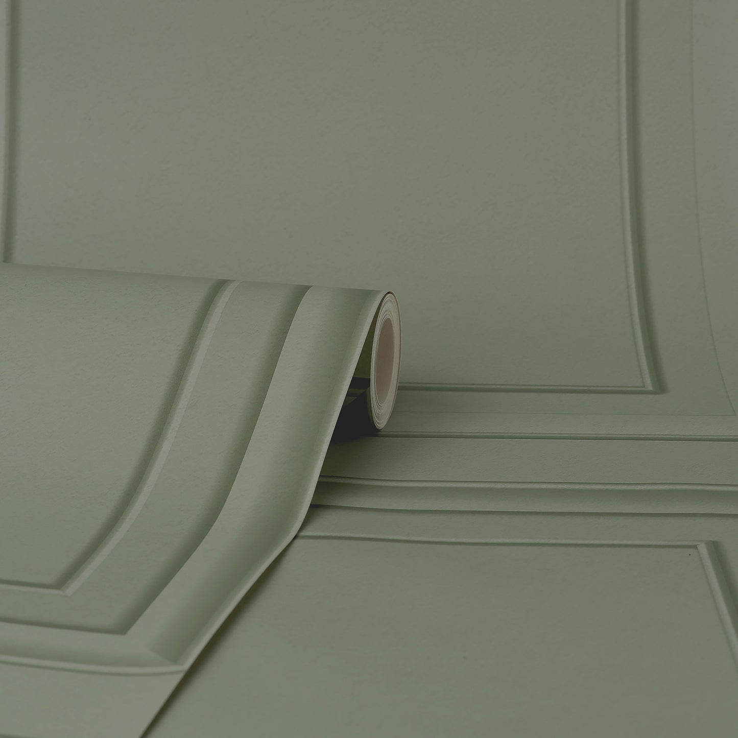 Sage green moss square panel wallpaper with a raised framed-square pattern.