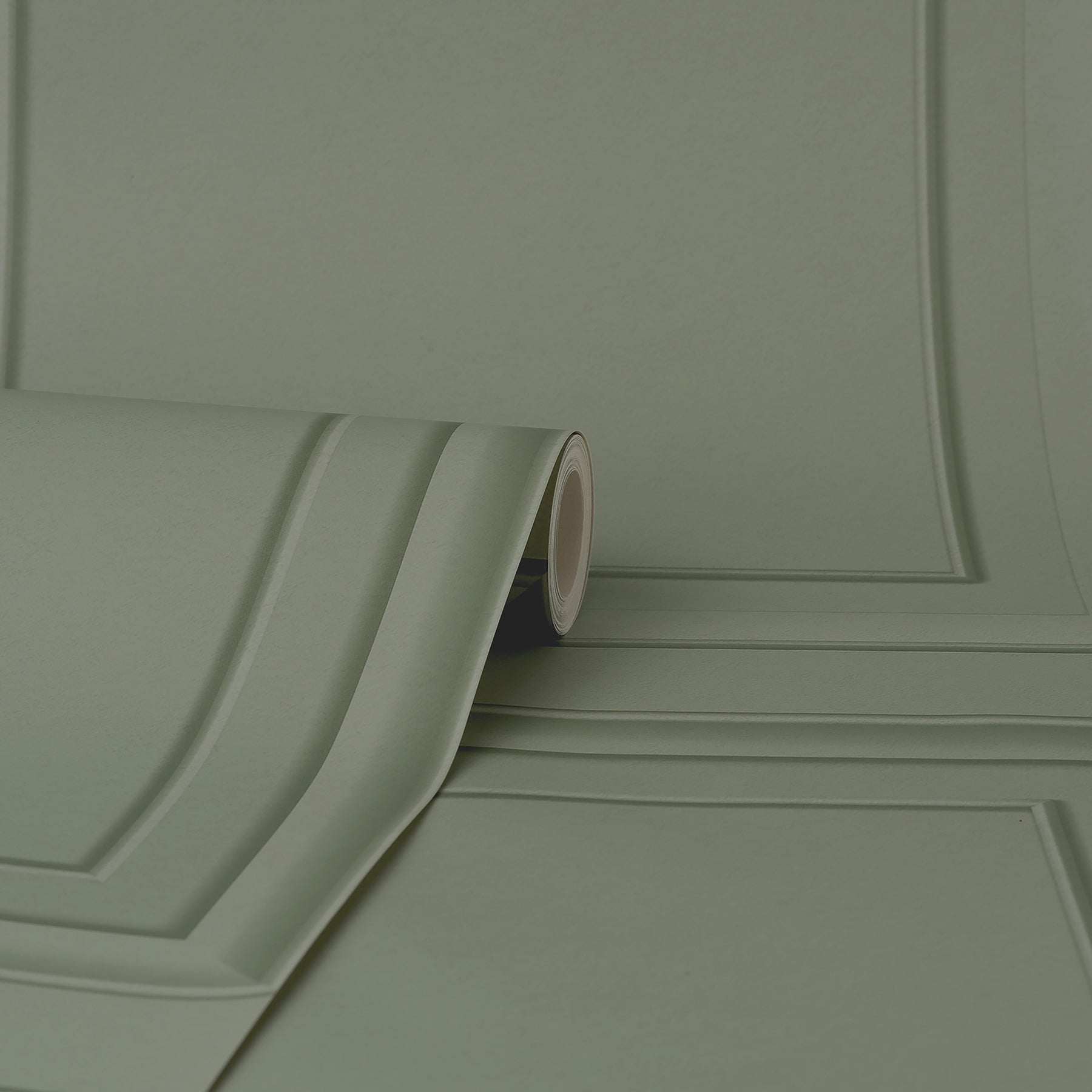 Sage green moss square panel wallpaper with a raised framed-square pattern.