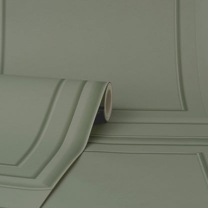 Sage green moss square panel wallpaper with a raised framed-square pattern.