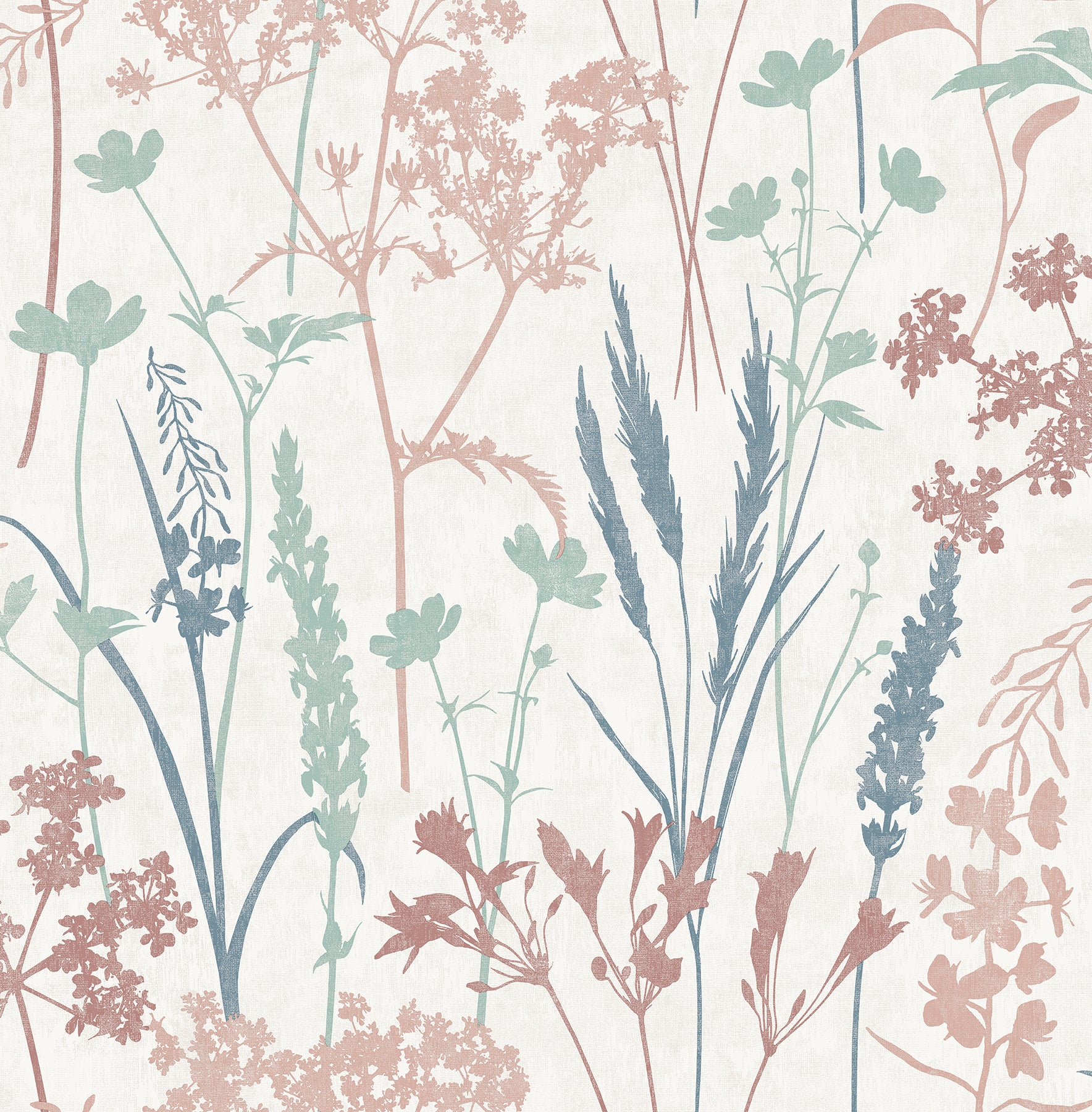 Pastel botanical print featuring blue, pink, and green grasses and wildflowers with a soft, airy vintage wallpaper feel.