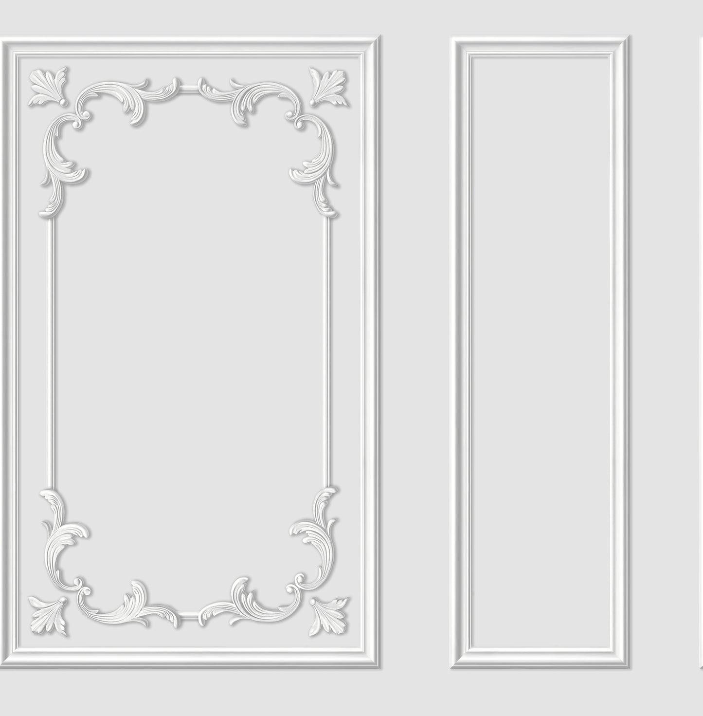 White decorative plaster wall panel with ornate rococo floral scroll border; beside a tall plain rectangular molding panel.