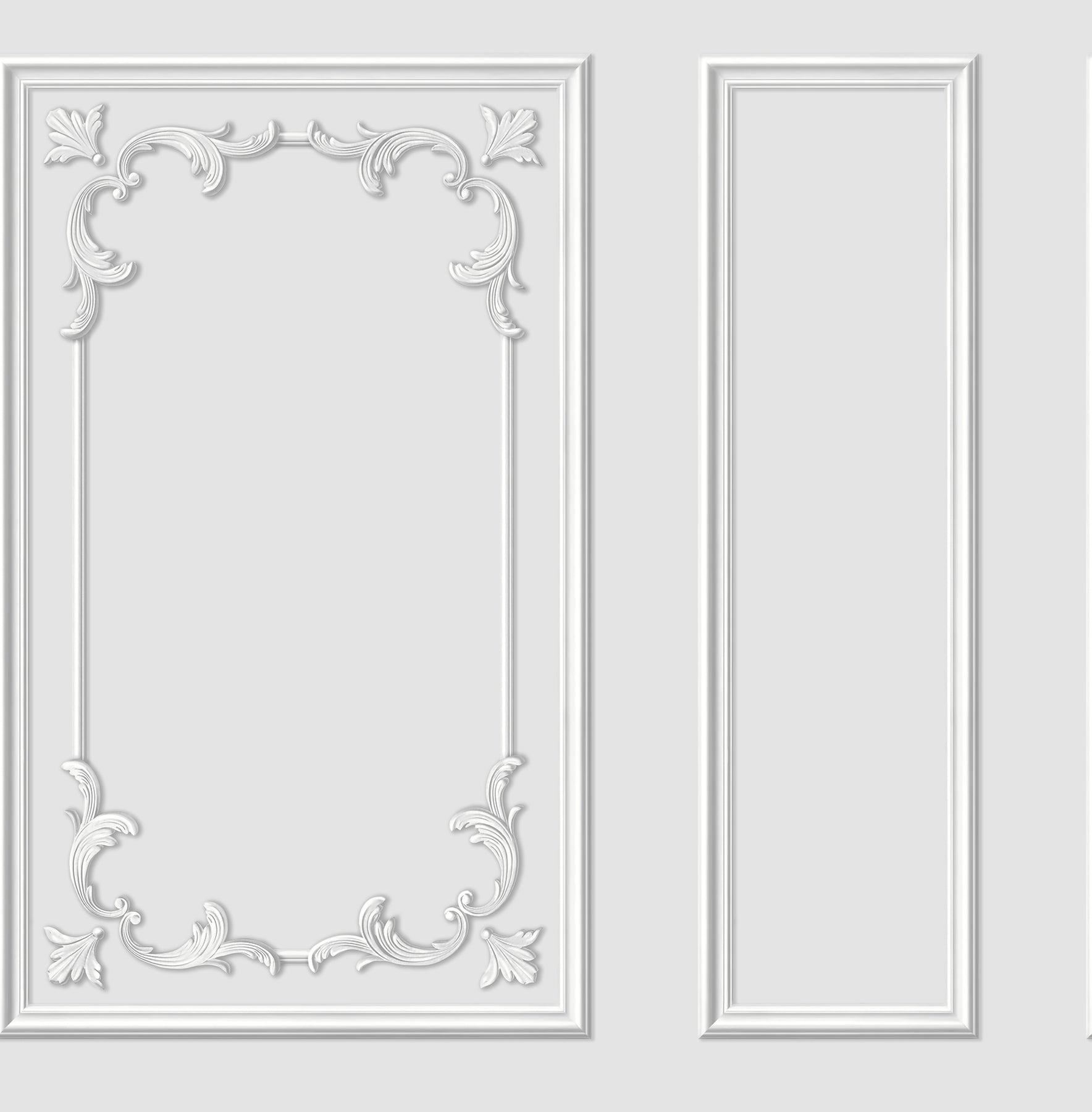 White decorative plaster wall panel with ornate rococo floral scroll border; beside a tall plain rectangular molding panel.
